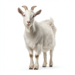 Obraz premium A domestic goat standing and staring at the camera. It has white fur, short horns, and a slightly inquisitive expression.