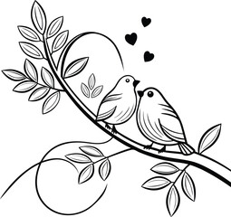 A Black And White Line Art Vector Illustration Of Two Cute Birds In Love, Perched Together On A Leafy Branch With Hearts. This Romantic Design Is Perfect For Valentine's Day, Wedding Invitations.