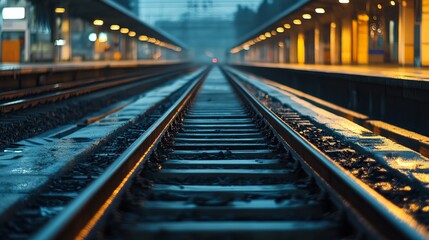 Train tracks stretching into a station at twilight