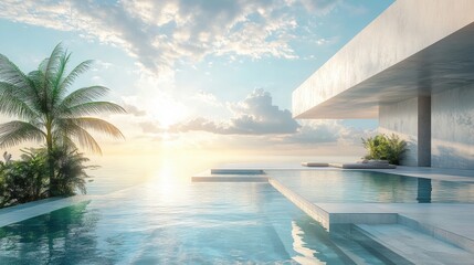 Fototapeta premium 3d background product display podium scene with leaf geometric platform,cloud and sky, palm shadows and white stone podium,Mockup for eco beauty cosmetic advertising,Copy space.