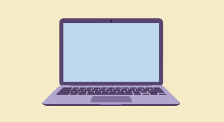 Purple laptop with light blue screen on a light beige background