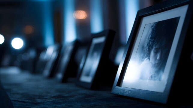 Memorial slideshow with photo frames in a solemn setting