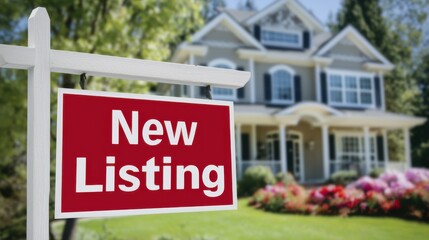 Fototapeta premium New residential property available for sale in a picturesque neighborhood with beautiful landscaping and vibrant flowers