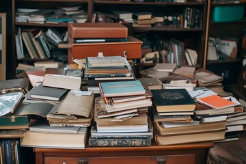 A cluttered desk piled high with books and papers, surrounded by shelves full of more books in a study