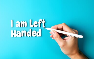 Text I am left handed and left hand with pen over blue background. International left handers day concept. High quality