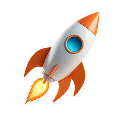 Cartoon rocket ship blasting off with fiery exhaust isolated on transparent background isolated on white background