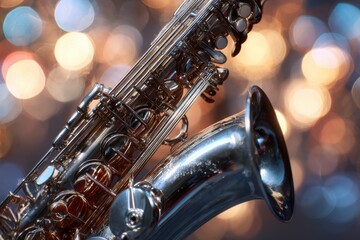 Obraz premium Close up of shiny saxophone with colorful bokeh background highlighting musical elegance during evening performance