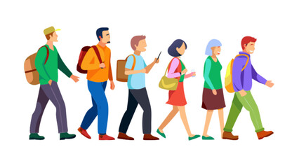 Illustration of group of people walking together with backpacks and bags travel and tourism concept art