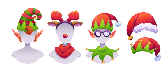 Christmas elf costume with festive accessories - striped hat, reindeer antlers headband, glasses with jester cap, Santa hats collection for holiday character design or party decoration props.