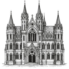 Fototapeta premium Gothic palace — vintage ink sketch doodle black and white vector illustration on white background, engraving woodcut style