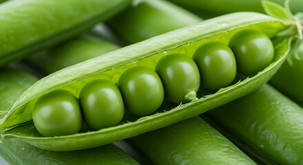 A crisp and clean shot of a freshly picked pea pod, showing the peas arranged neatly inside.

