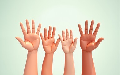 International Left Handers Day. On August 13 in cartoon style background illustration. Holiday concept. Happy Left-handers Day. Left hands raised up together, help and support each other. 3d rendering