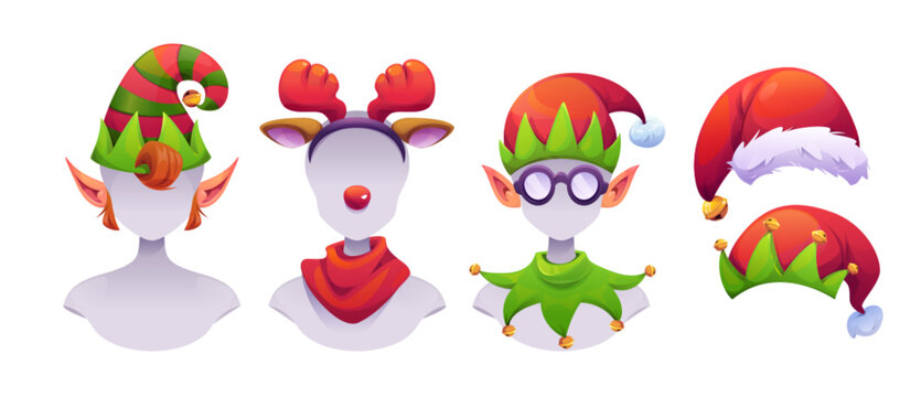 Christmas elf costume with festive accessories - striped hat, reindeer antlers headband, glasses with jester cap, Santa hats collection for holiday character design or party decoration props.