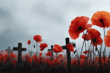 Obraz premium Red poppies blooming in a graveyard symbolize mourning and remembrance, contrasting life and death under a cloudy sky during the late afternoon