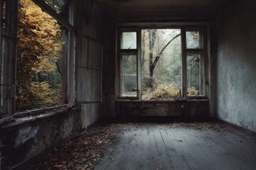 Abandoned Room with Forest View Through Windows