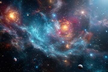 Fototapeta premium Cosmic animation in an impressionist style creating a vibrant representation of the universe with colorful stars, swirling nebulae, and distant planets