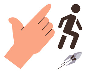 Hand pointing up alongside running person icon and rocket launching. Ideal for success, growth, progress, innovation, career, motivation, business. Clean and simple flat metaphor