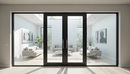Obraz premium Modern living room design with stylish couches and view through large glass doors to nature outside