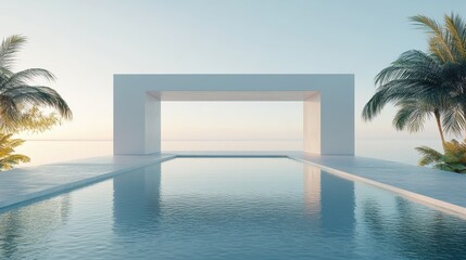 3d background product display podium scene with leaf geometric platform,cloud and sky, palm shadows and white stone podium,Mockup for eco beauty cosmetic advertising,Copy space.