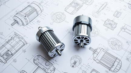 Detailed Engineering Illustration of Electric Motors on Technical Drawing Background