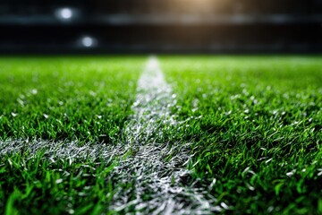Vibrant close up of a soccer field with perfect grass and clear white lines illuminated by stadium lights during an evening match