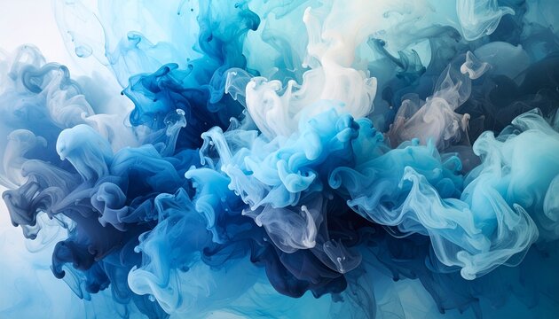 A Turbulent Symphony of Blue and White Ink Billowing in Clear Liquid.