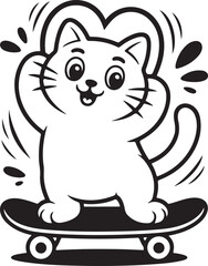 Obraz premium Cute cartoon white cat fingers heart gesture vector illustration black and white doodle style isolated on transparent background