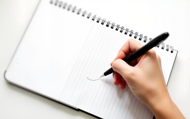 Lefty writes in clean notebook on white table top view. International Lefthanders Day. High quality