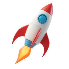 Cartoon rocket ship blasting off with flames isolated on transparent background isolated on white background