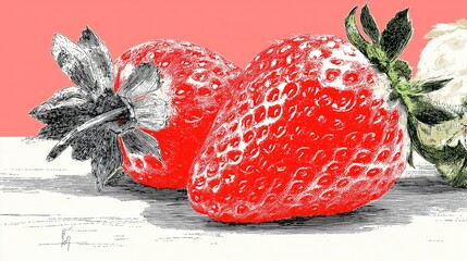 Vibrant Red Strawberries: Botanical Illustration with Detailed Texture and Coral Background