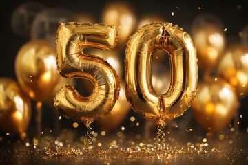Celebratory golden balloons display marking a milestone birthday with the number fifty highlighted prominently in a festive setting adorned with decorations