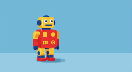 Fototapeta premium Red and yellow robot stands against a light blue background