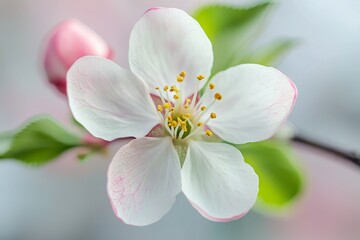 Close-up of a delicate, white and pink apple blossom