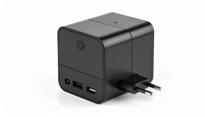 Obraz premium Stealthy Surveillance: Black USB Charger with Hidden Camera and EU Plug.