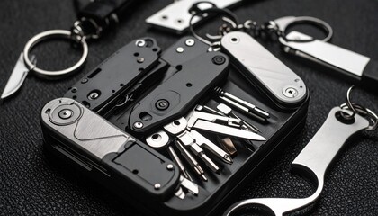 Fototapeta premium Sleek EDC Arsenal: A Detailed Collection of Modern Metallic Multi-Tools and Keychains on a Textured Black Surface.