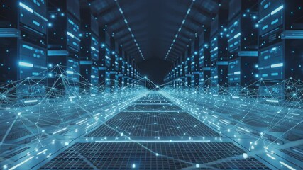 Data center with server racks and glowing network connections showcasing advanced digital grid technology and futuristic high tech server connection - Powered by Adobe