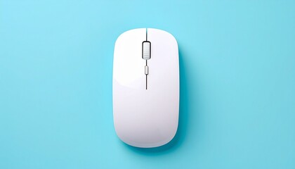 Sleek White Wireless Mouse in Minimalist Top-Down View on a Cyan Background.