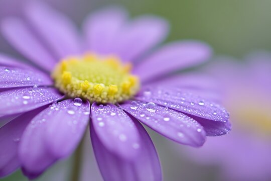 Close-up of a vibrant purple daisy flower with dew drops