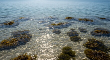 Obraz premium Clear shallow water over rocks and seaweed