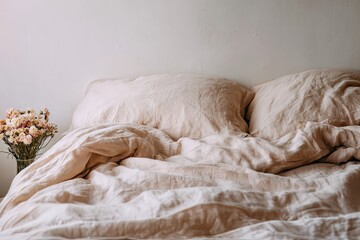Soft beige linen bedding on a bed, unmade.  A small bouquet of flowers sits beside the bed