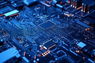Fototapeta premium Close-up view of intricate circuit board with central chip