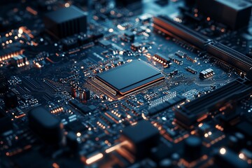 Close-up view of intricate circuit board with central processor