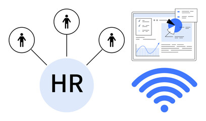 HR connections linked to team members, analytics dashboard, and wireless icon. Ideal for recruitment, workforce management, networking, digital transformation, HR strategy, remote work simple