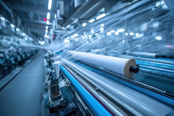 Modern textile factory operates advanced machinery to weave smart fabric in a state-of-the-art manufacturing facility with innovative technology and skilled workers