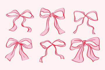 Collection of pink coquette ribbon bows decorative elements for festive design © Aldita