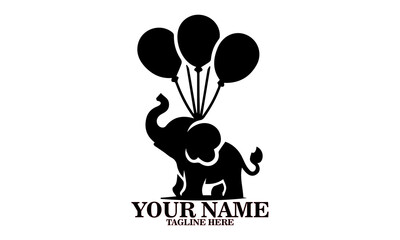 Vector illustration of a floating elephant hanging from a balloon and logo design