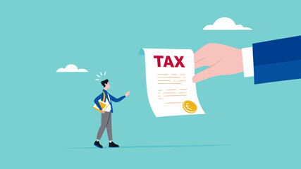 Crypto currency tax burden, businessman investor holding bitcoin surprised by government hand issue tax bill concept vector illustration
