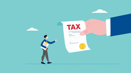Crypto currency tax burden, businessman investor holding bitcoin surprised by government hand issue tax bill concept vector illustration