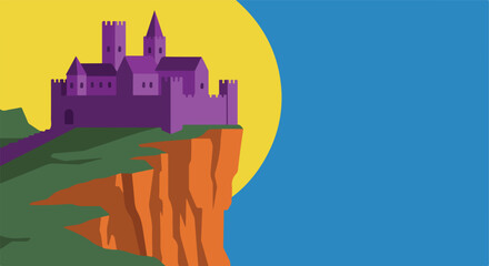 Purple castle perched on a cliff, before a large yellow sun and blue sky