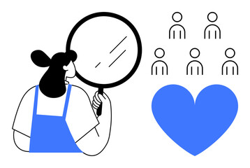 Woman analyzing group through magnifying glass, emphasizing empathy and connection. Ideal for teamwork, customer service, relationship, healthcare, support, personal growth, simple landing page